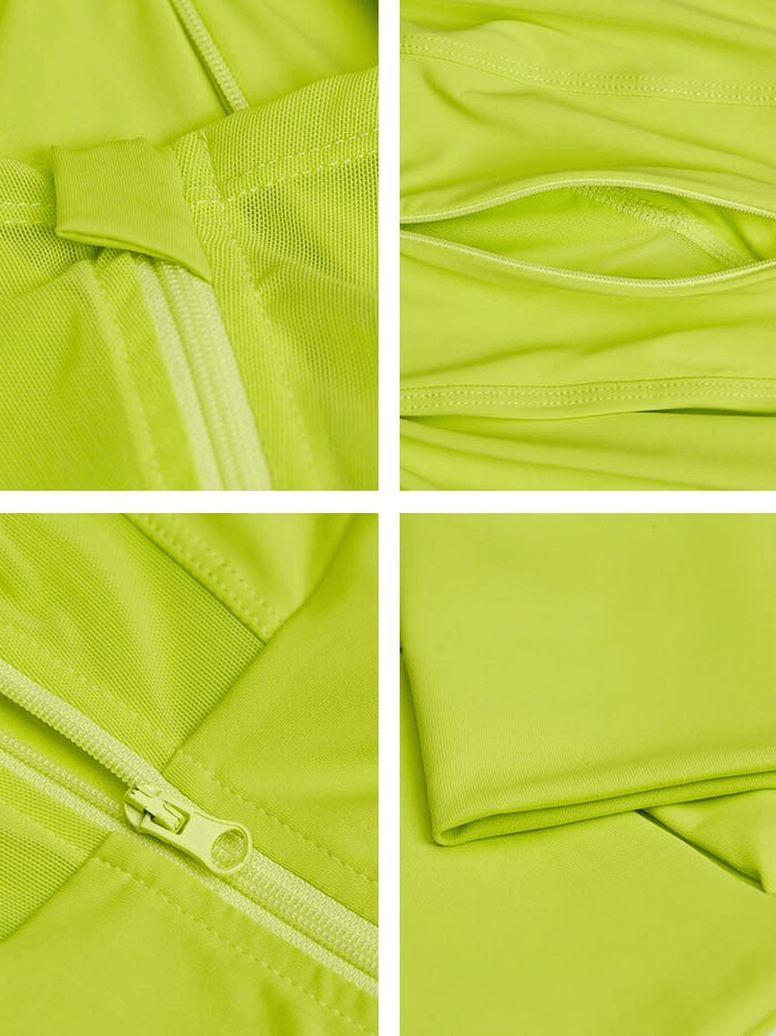 Close-up details of a lime green zipper hoodie with breathable nylon and spandex fabric, showcasing its sun protection features.